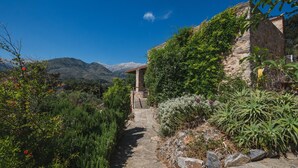 Un sentier de pierres mène à un bâtiment rustique doté d’un toit en bois, entouré d’une végétation luxuriante et avec des montagnes en arrière-plan.