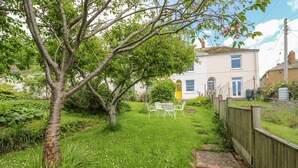 A garden with a tree, a white house, and a yellow door. - Bedford Terrace (Bridport)