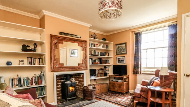 A cozy living room with a fireplace, bookshelves, a comfortable sofa, and a television. - Bedford Terrace (Bridport)