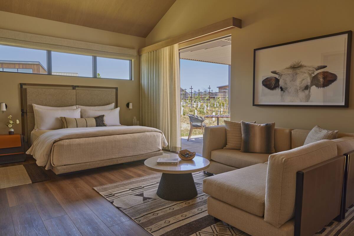 A bedroom with a large bed, a sofa, a coffee table, and a view of the outside.