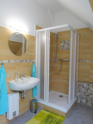 Shower, hair dryer, towels, soap