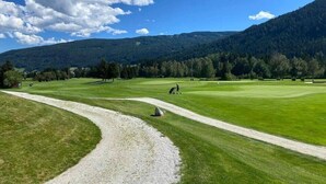Campo de golf con un sendero de grava, césped verde y montañas al fondo.