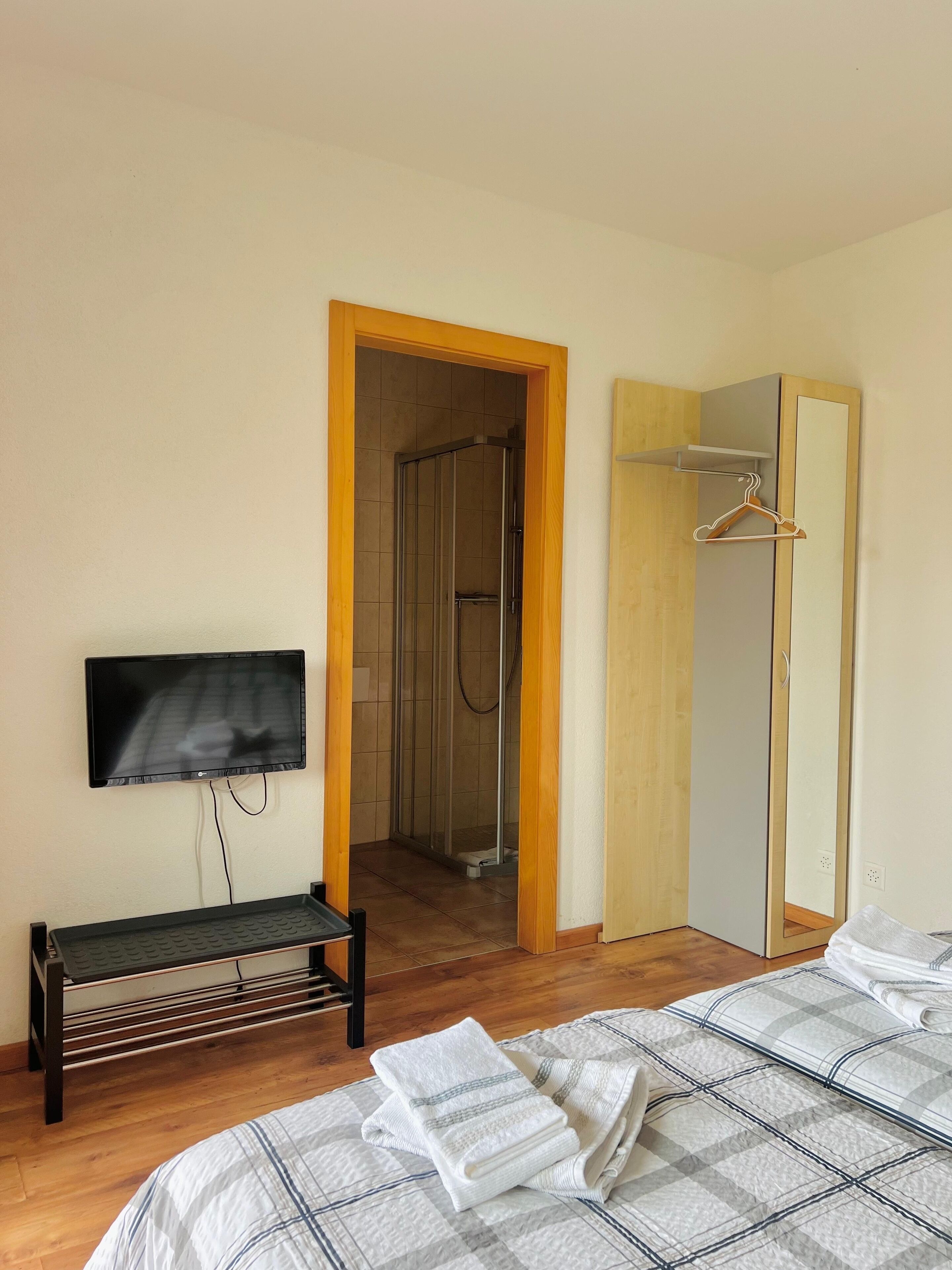 A bedroom with a bed, a TV, a bench, a shower, and a wardrobe.