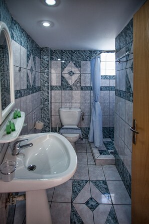 Un baño con lavabo, inodoro y zona de ducha.