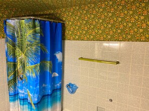 Bathtub, hair dryer, towels, soap