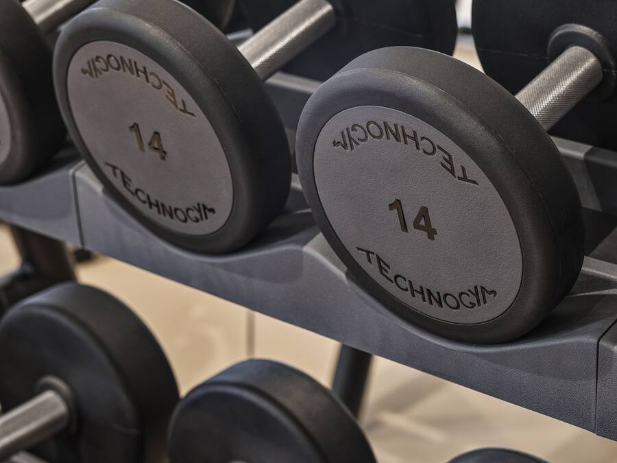 A rack of dumbbells with weight markings.
