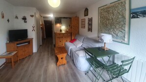 A compact living space with a sofa, a TV, a wooden cabinet, a dining table with chairs, and a kitchen area in the background.