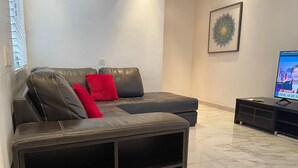 A modern living room with a leather sofa, red cushions, a flat-screen TV, and a decorative wall piece.