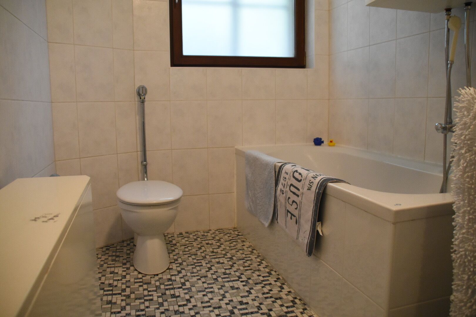 Badewanne, Haartrockner, Handtücher, Seife