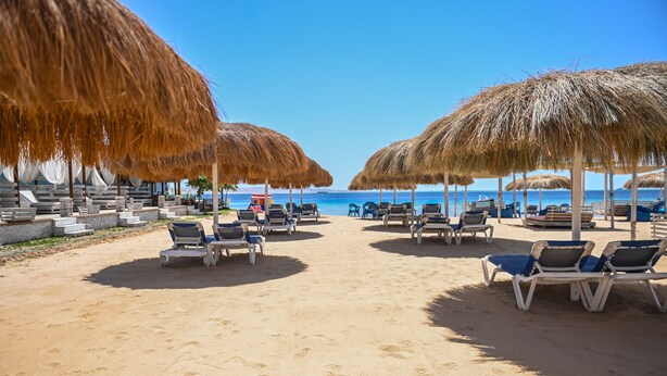 Une plage bordée de rangées de chaises longues et d’ombrelles en chaume, un ciel bleu azur et l’océan en toile de fond.
