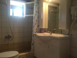 シャワー、ヘアドライヤー、タオル、トイレットペーパー