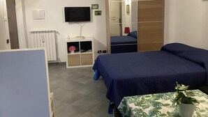 A bedroom with two beds, a TV, a mirror, and a small table with a plant. - Peter's nest (Verano Brianza)