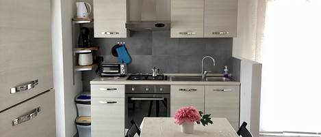 Fridge, oven, stovetop, coffee/tea maker