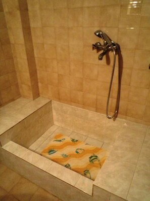 Douche, séchoir à cheveux, serviettes fournies, papier de toilette