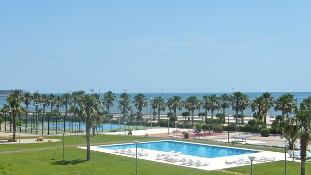 A swimming pool with lounge chairs, palm trees, and a view of the sea. - CASA DANI (Ampolla)