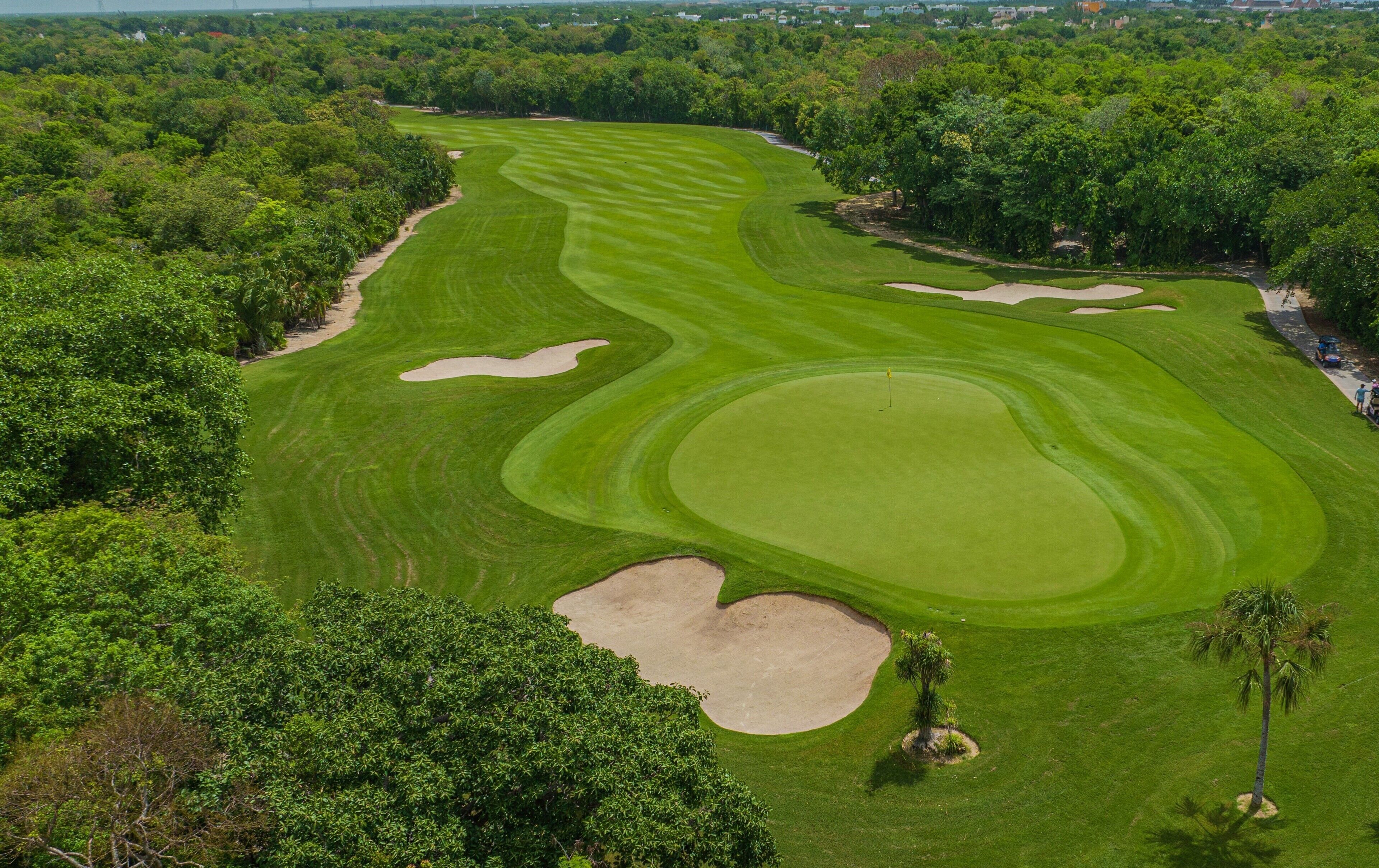 Ein Golfplatz mit Sandbunkern, einer Fahne und dichter Baumumrandung.