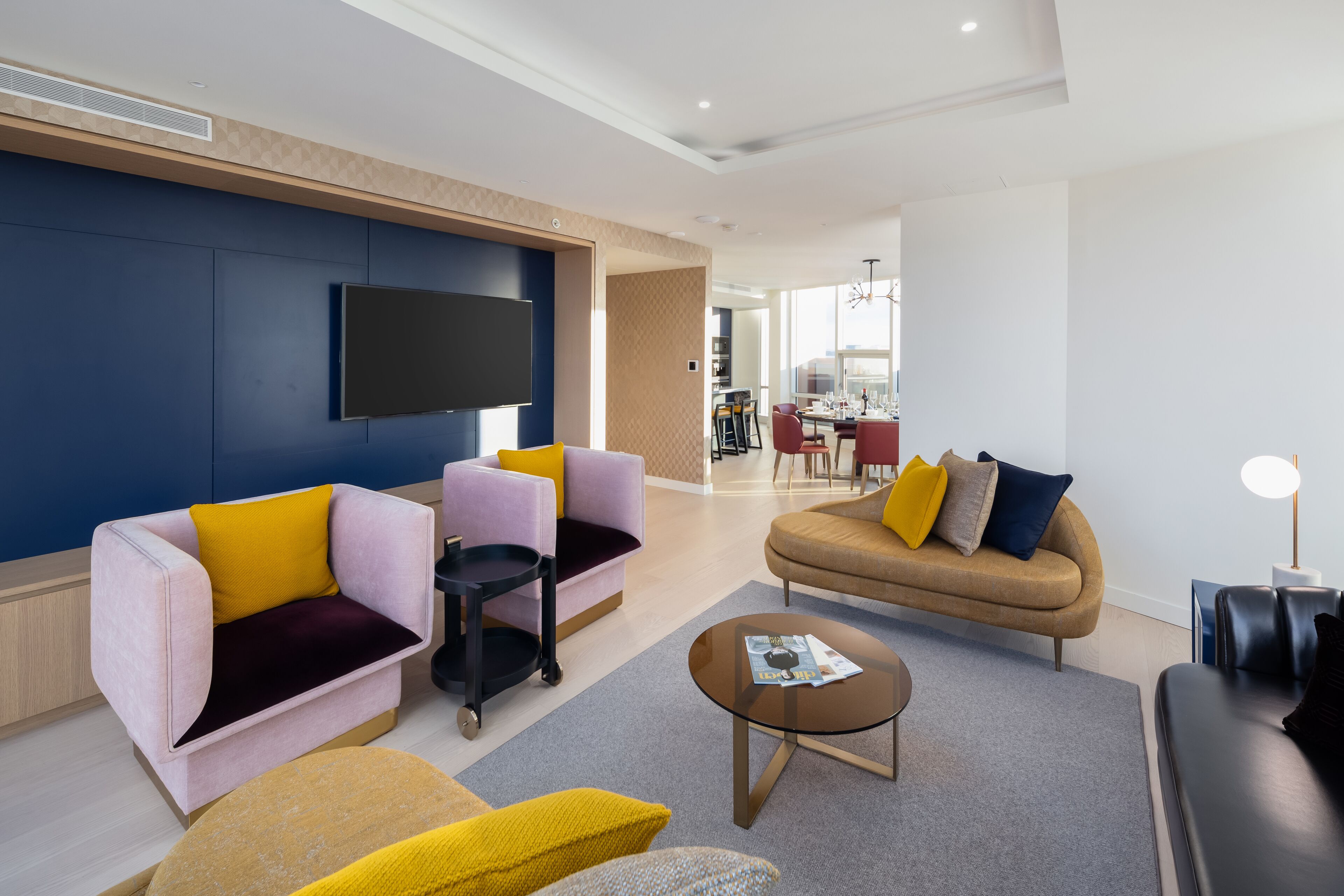 A modern living room with sofas, a coffee table, and a flat-screen TV.
