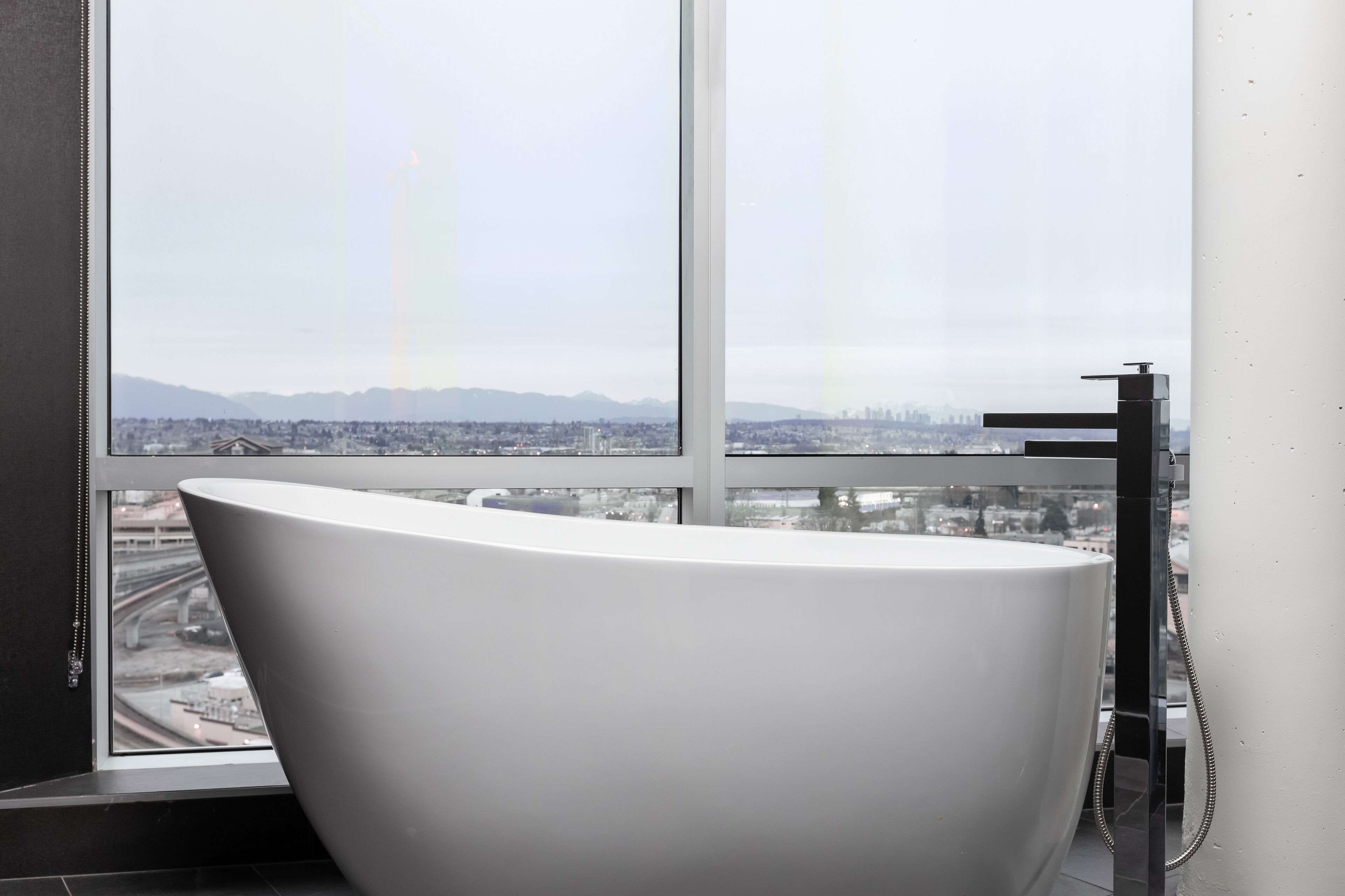 A modern bathroom with a freestanding bathtub, a glass shower enclosure, and a view of a cityscape through large windows.