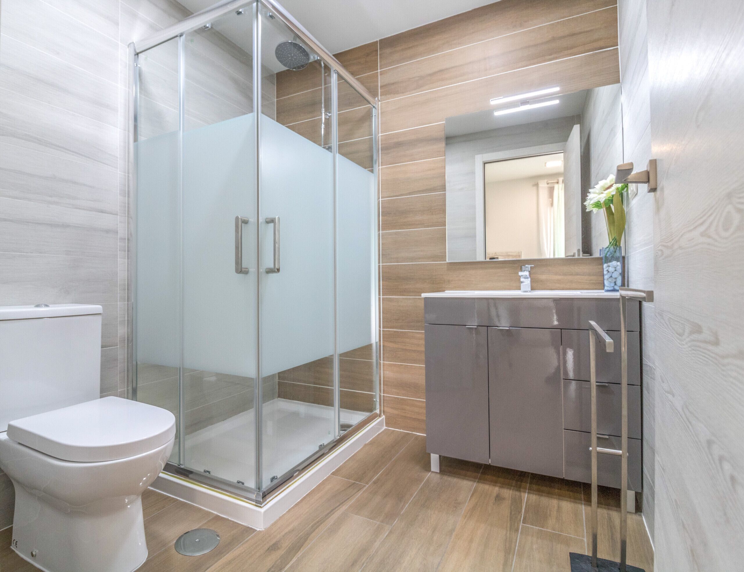 Shower, hair dryer, soap, shampoo