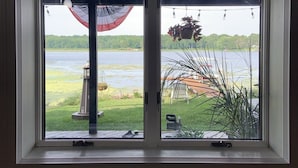 A window with a view of a lake, a lawn, and a hanging plant. - ‘Not To Worry’ Waterfront Home (Wolcott)