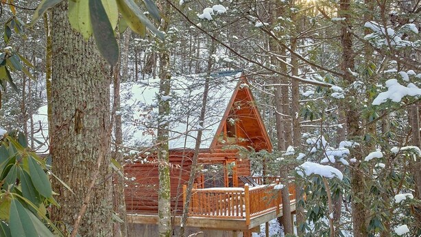 Una baita con veranda in legno e tetto a punta, immersa tra alberi e neve.