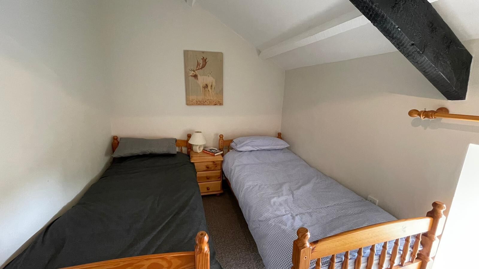 A small, compact bedroom with two single beds, a nightstand with a lamp, and a painting on the wall.