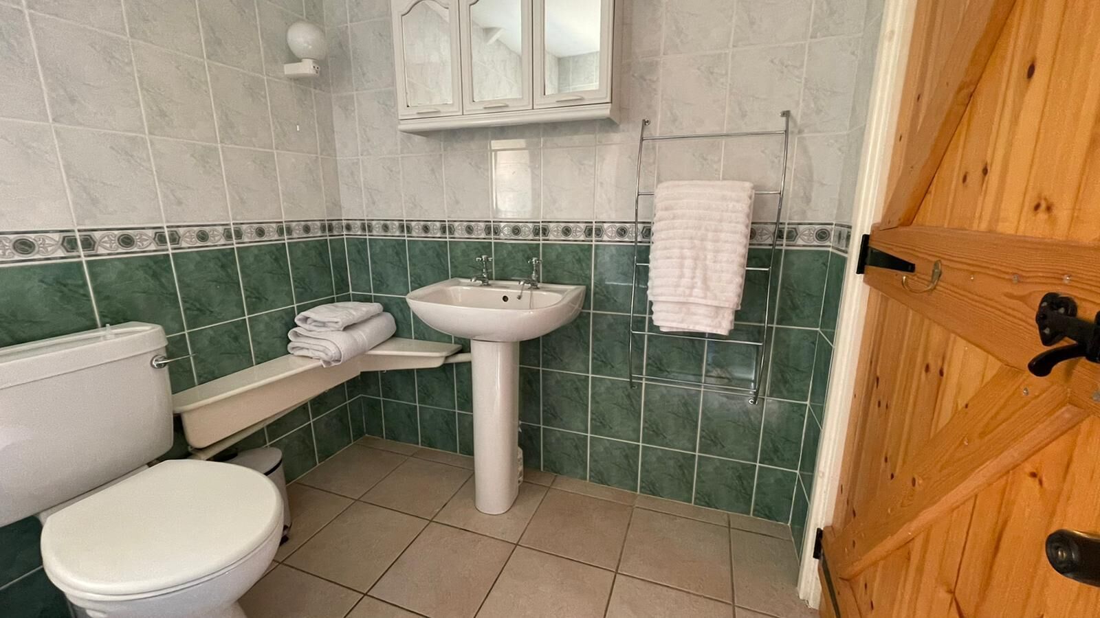 A bathroom with a toilet, sink, and towel rack.