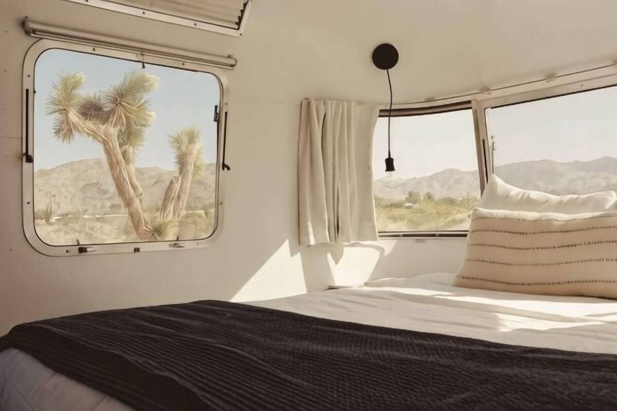 A bedroom with a large window, a bed, a hanging light, and a view of desert vegetation.