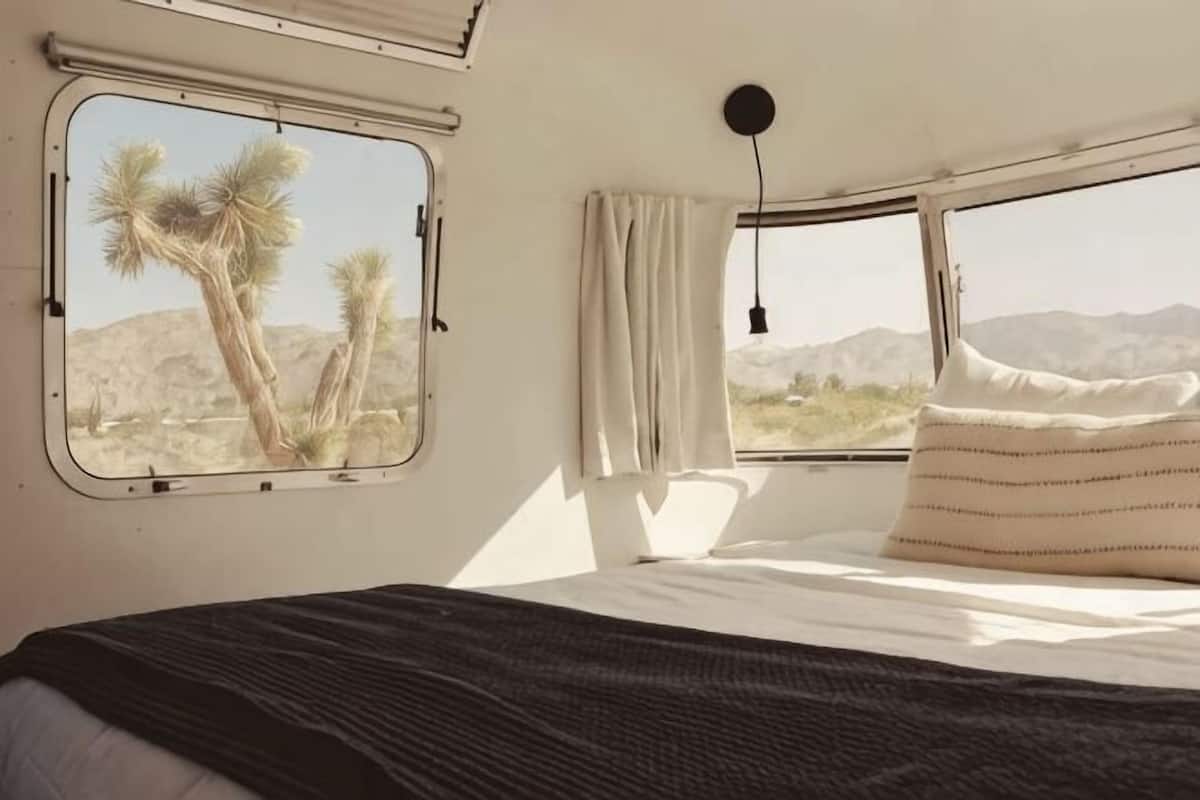 A bedroom with a large window, a bed, a hanging light, and a view of desert vegetation.