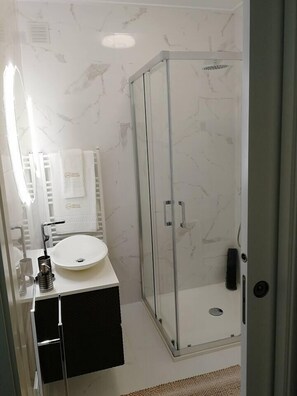 Shower, hair dryer, towels