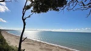 A beach with a clear sky, a sandy shore, and a tree in the foreground. - 3 Bed Luxury Mobile Home Hoburne Park Christchurch (Christchurch)