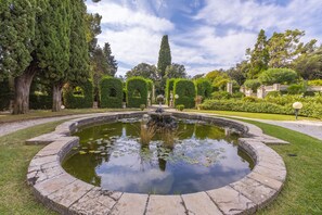 Stroll through the tranquil garden, surrounded by a serene pond and lush greenery.