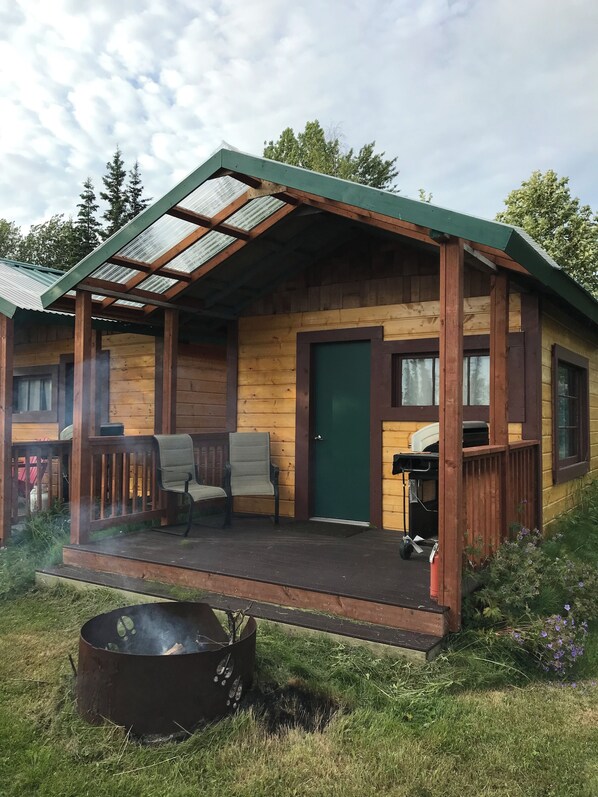 A wooden cabin with a porch, a green door, and a fire pit.