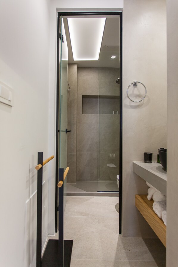 Shower, hair dryer, towels, toilet paper
