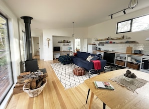 Smart TV, chimenea, reproductor de DVD y libros