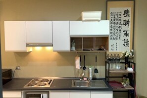 Fridge, microwave, electric kettle, toaster