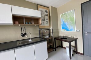 Fridge, microwave, electric kettle, toaster