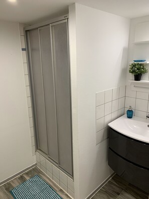 Shower, hair dryer, towels, toilet paper