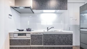 A modern kitchen with a built-in dishwasher, a stainless steel sink, and a grey backsplash.