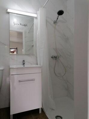 Shower, towels, soap, toilet paper