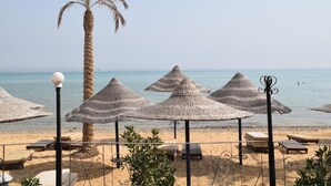 A beach with thatched umbrellas, lounge chairs, and a palm tree. - Retal View Resort El Sokhna (Ataqah)