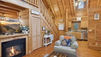 Cabin, 1 Bedroom | Living area | Smart TV, fireplace, DVD player