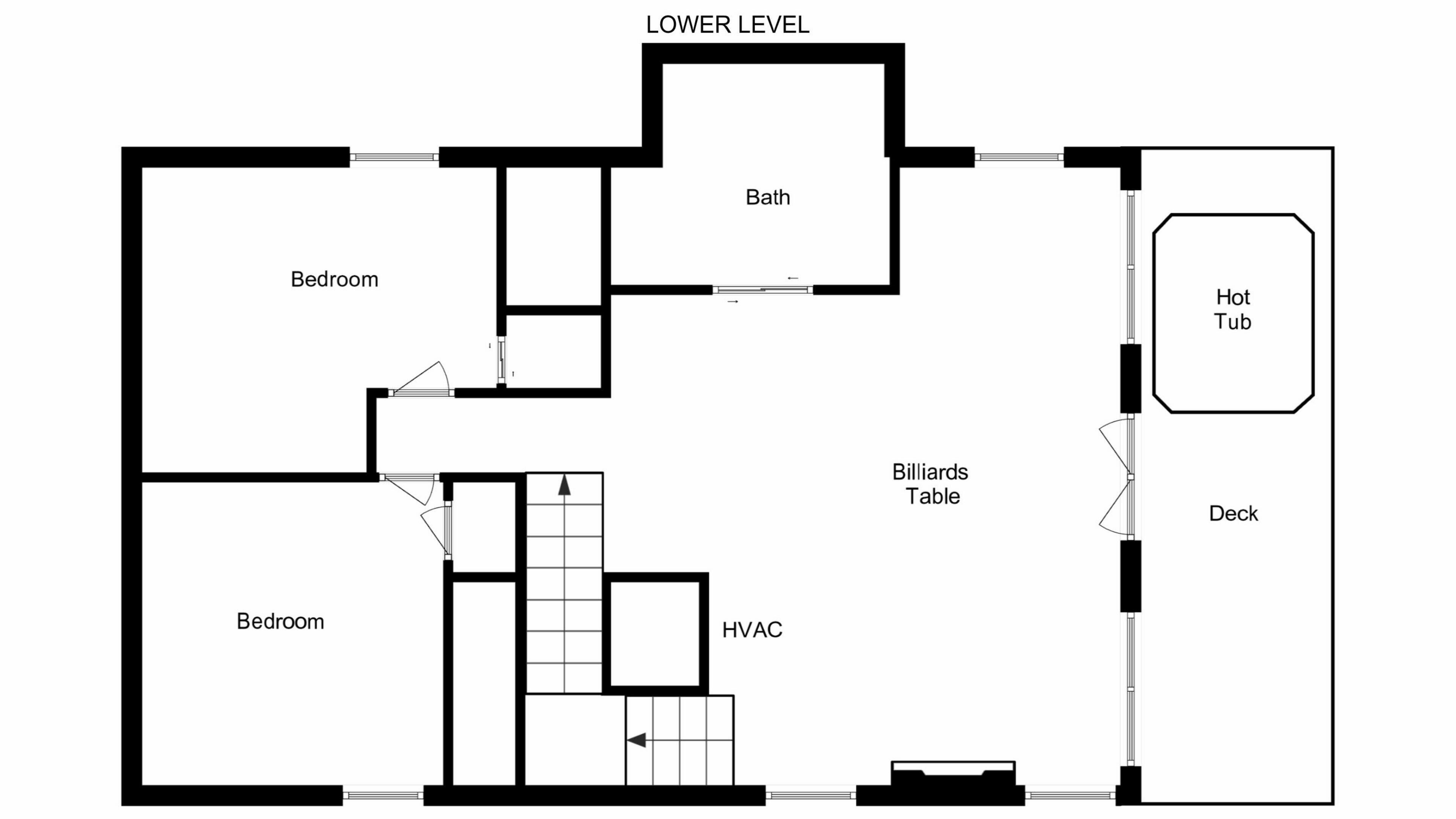 A floor plan with two bedrooms, a bathroom, a billiards table, an HVAC system, a hot tub, and a deck.