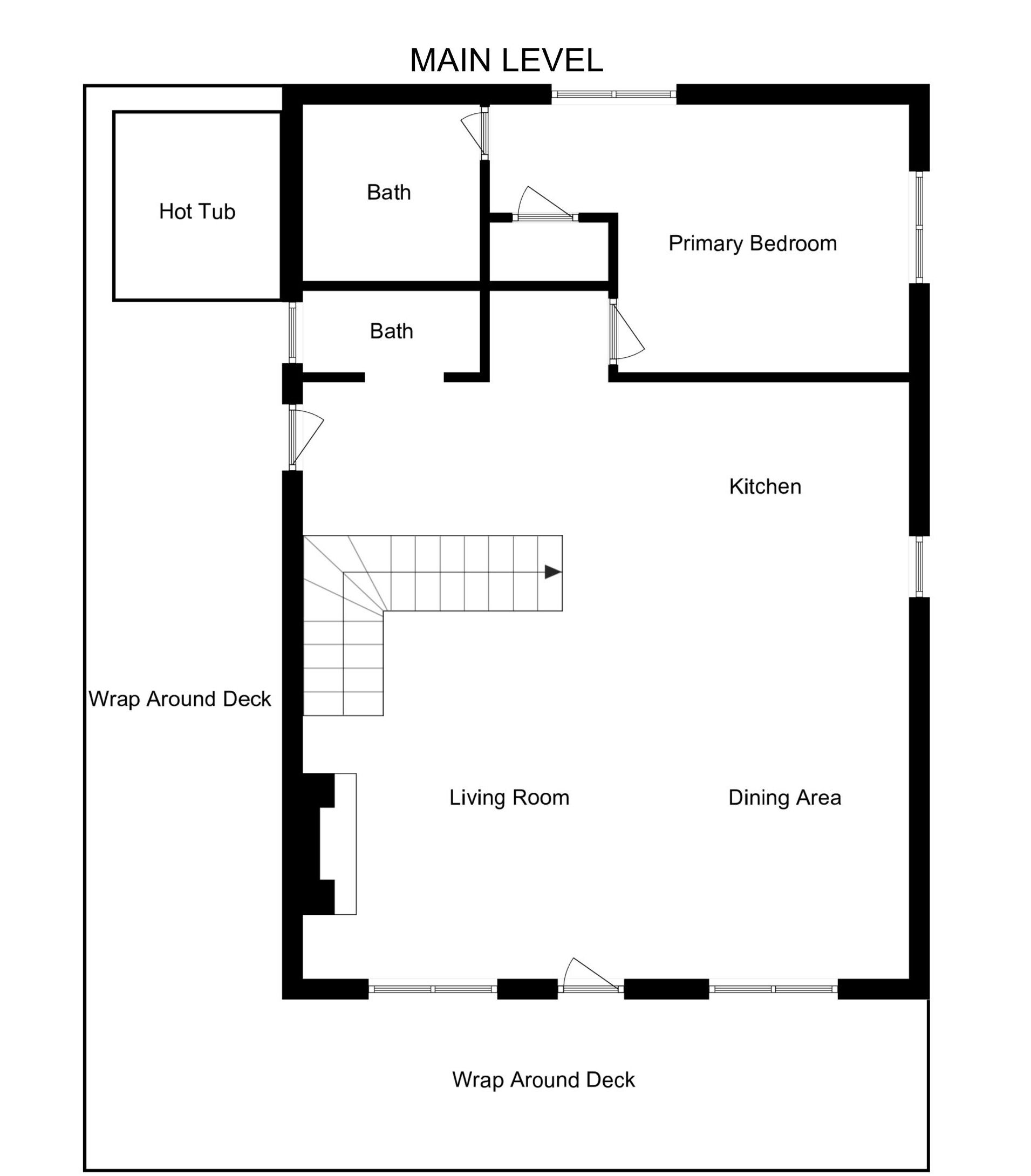 Planta baixa de um andar principal com hidromassagem, dois banheiros, quarto principal, cozinha, sala de estar, área de refeições e varandas ao redor.