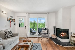 TV connectée, cheminée, livres