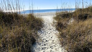 A sandy beach path leading to the ocean, surrounded by tall grass.