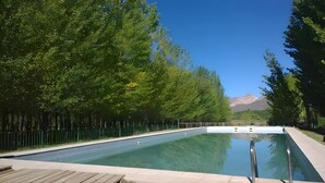 Una piscina con cubierta de madera, rodeada de árboles y una montaña al fondo.