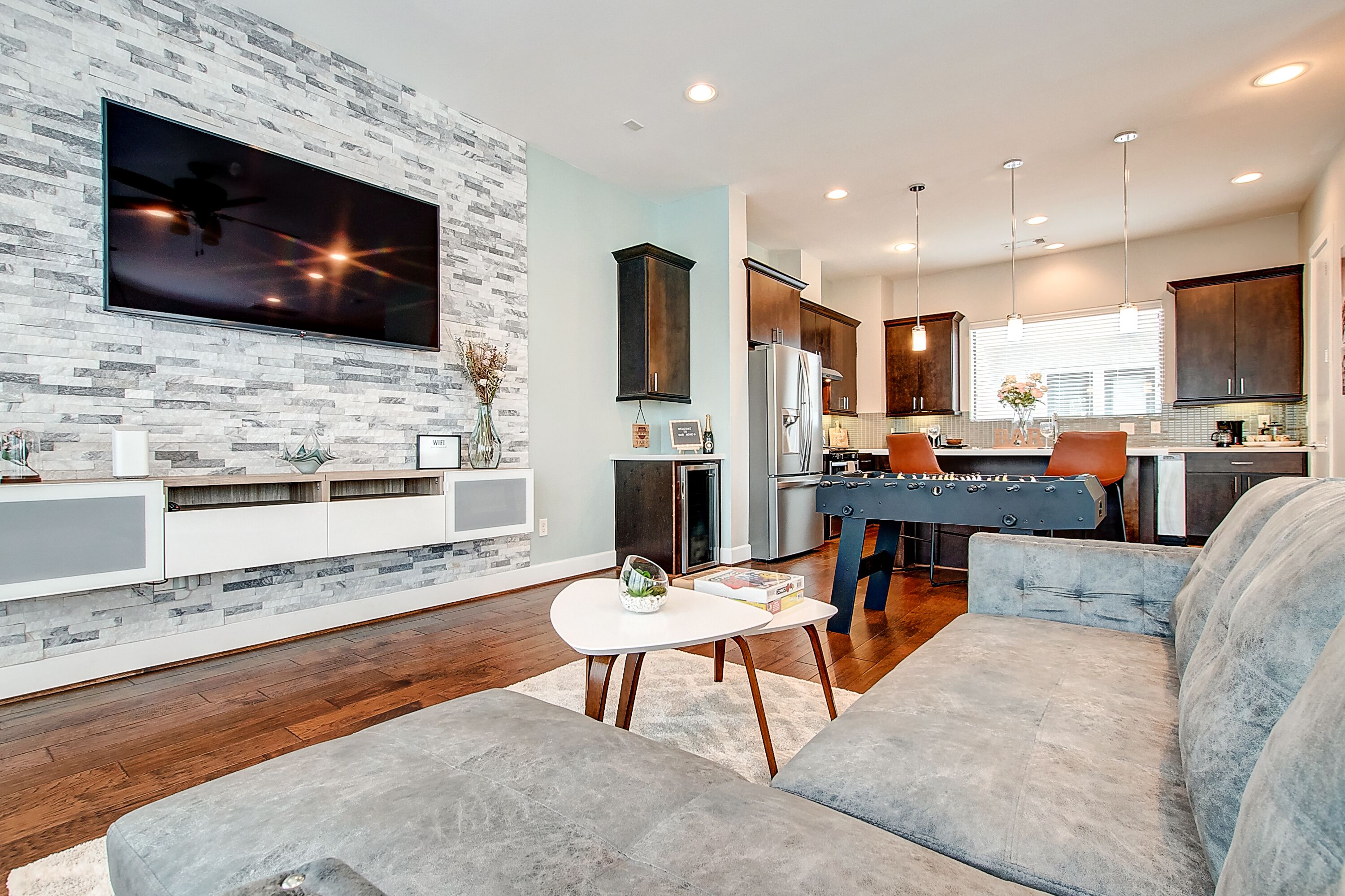 Smart TV, foosball, books, offices