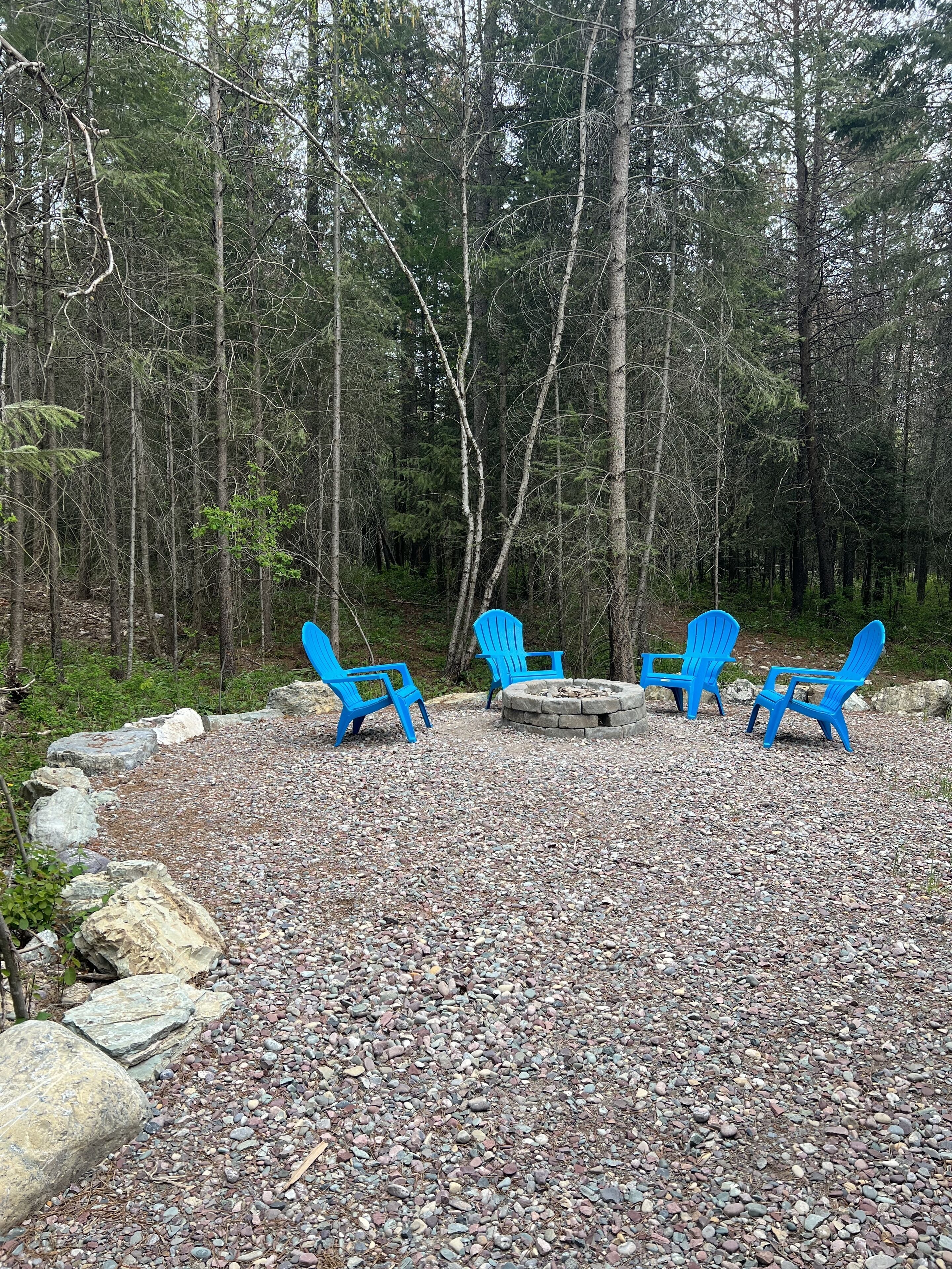 A forested area with a gravel path, surrounded by trees. There are four blue Adirondack chairs arranged around a stone fire pit.