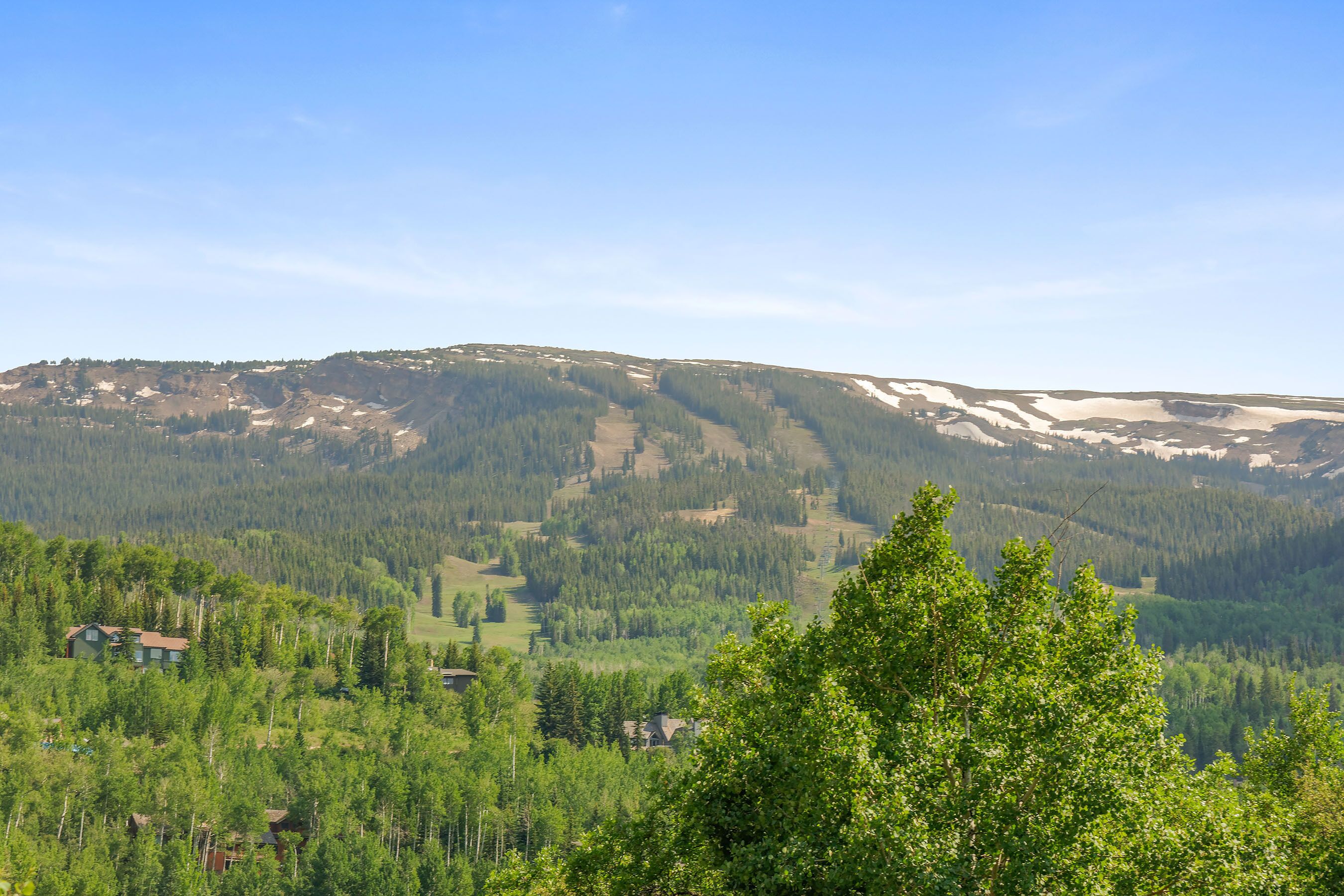 A mountainous landscape with scattered houses and dense forest.